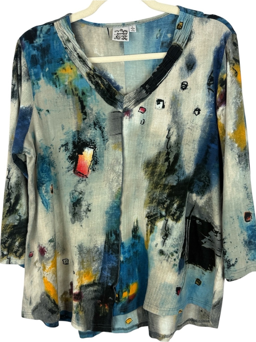 Parsley & Sage Cotton Blend Abstract Watercolor V-Neck Large Art To Wear Boho